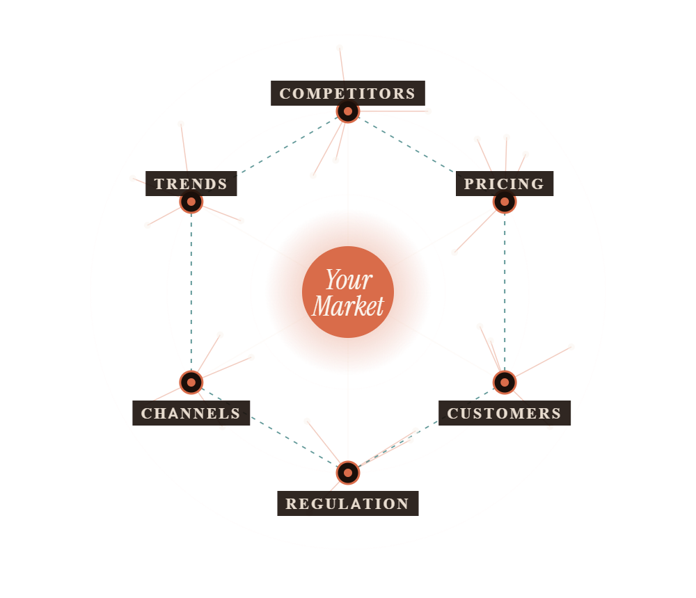 Market network map connecting competitors, pricing, customers, regulation, channels and trends
